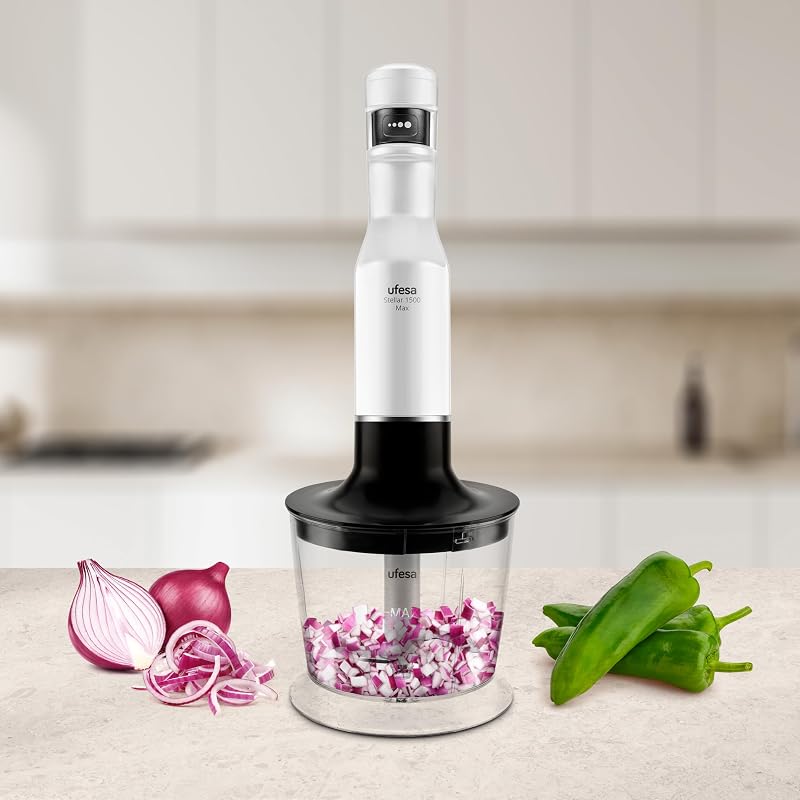 Batidora de Mano Stellar Max TouchSpeed 1500W, Pantalla Digital, Velocidad Táctil Variable, 4 Cuchillas Alta Eficiencia, Ergonómico, Antisalpicaduras, Vaso Medidor, Emulsionador y Picadora