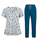 Aylashine Printed Scrubs for Women, Nurse Uniform,Medical Proffesional V Neck Short Sleeve Stretch Functional Workwear
