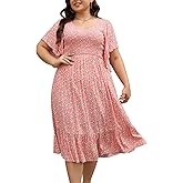 Keluummi Plus Size Wedding Guest Midi Dress for Curvy Women, Summer Casual Boho Floral Empire Waist Party Dress with Pockets