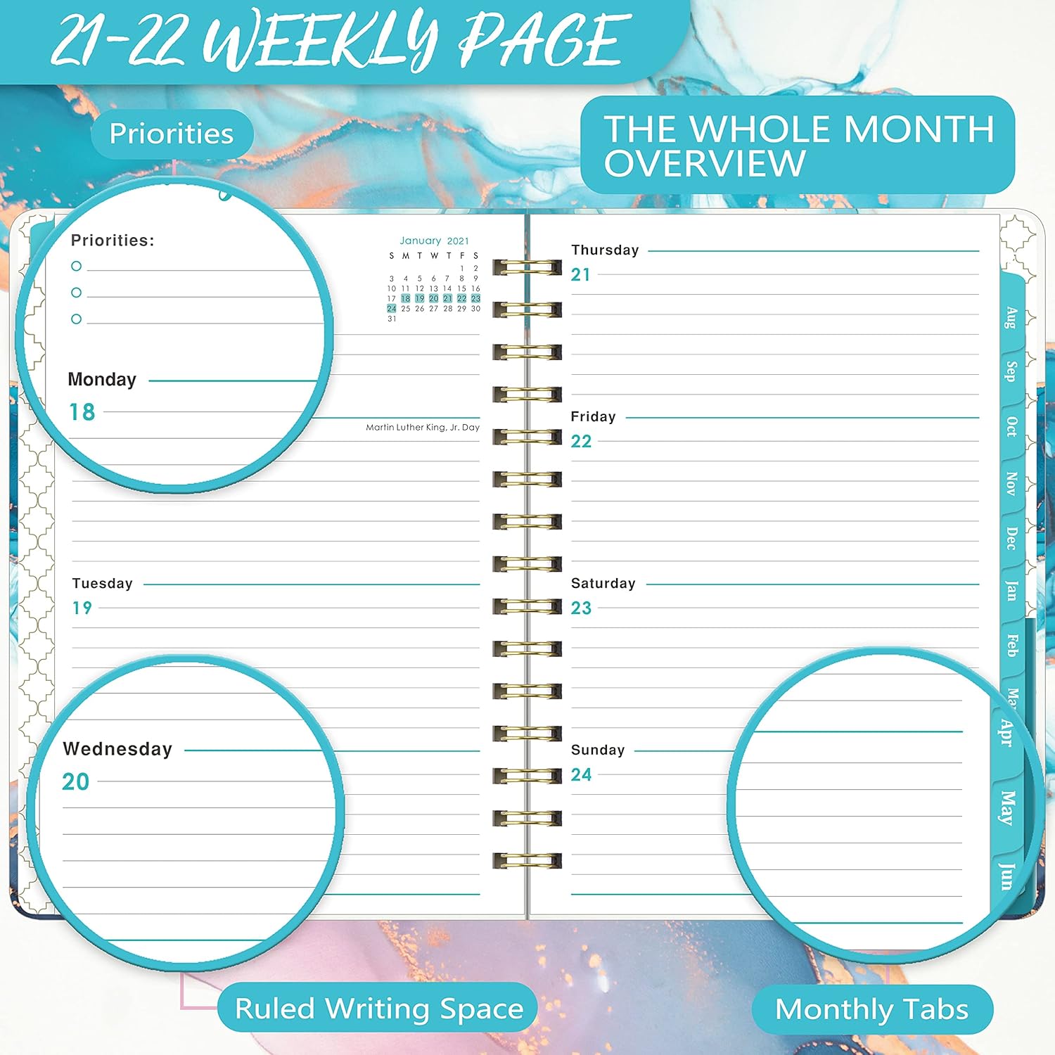2021-2022 Planner - Academic Planner 2021-2022 Weekly & Monthly with Tabs, 6.3" x 8.4", July 2021 - June 2022, Hardcover with Back Pocket + Thick Paper + Twin-Wire Binding - Contrast Watercolor: Office Products