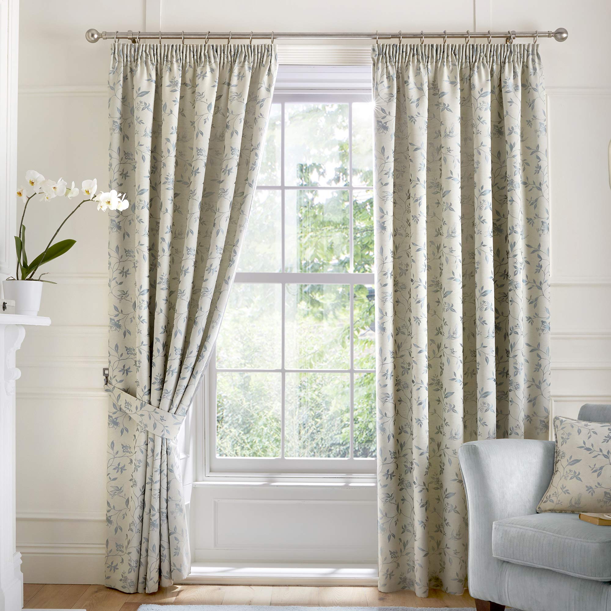 Curtina Bird Trail-Jacquard Lined Pencil Pleat Curtains, Duck Egg, 46" Width x 54" Drop (117 x 137cm)