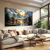 JuhaiArt Large Mountain Lake Wall Art Gold Picture Nature Artwork Landscape Canvas Decor for Living Room Bedroom Office Scenery Art 29" x 59"