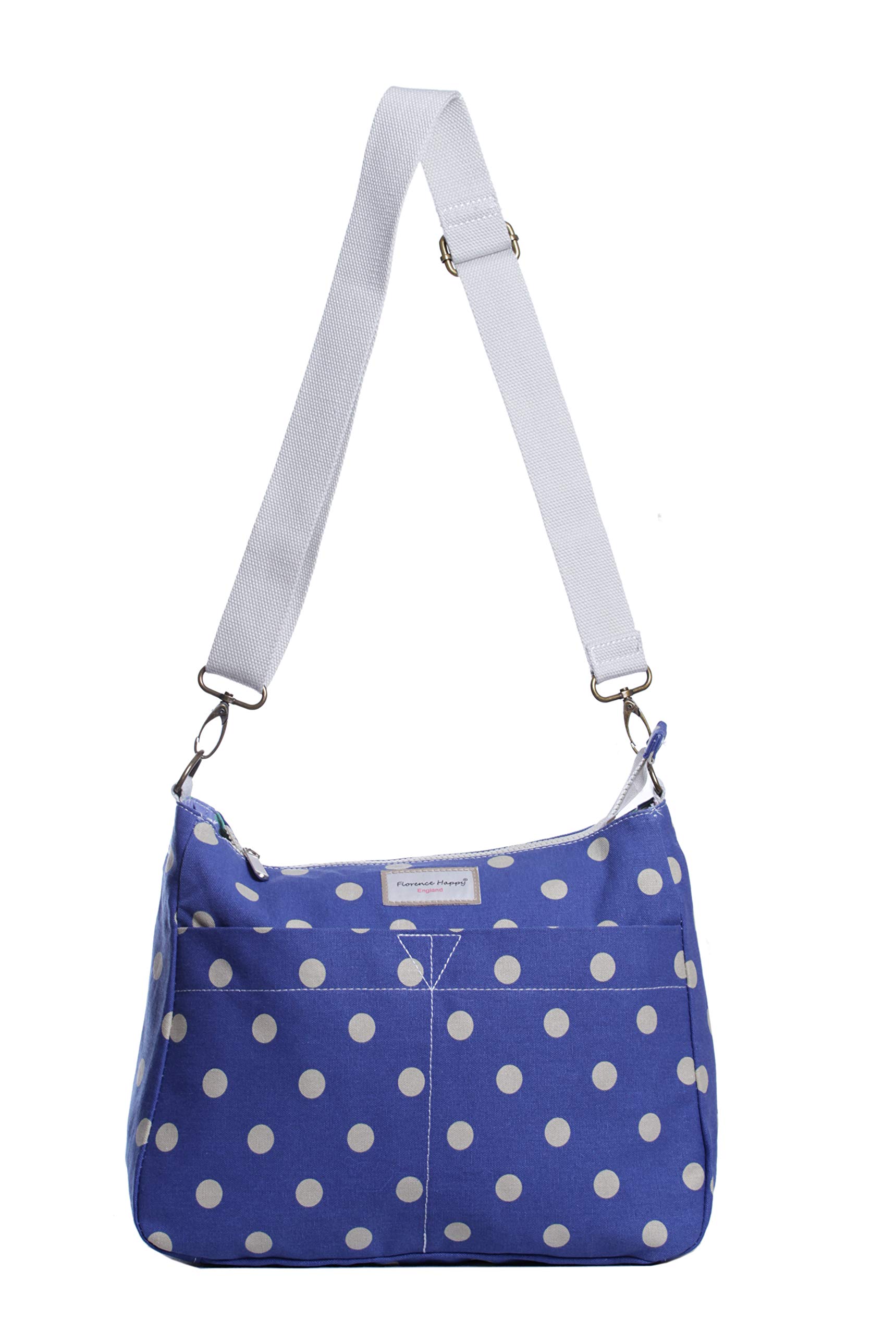 Florence Happy @ England Reversible Messenger Cross Body Canvas Zip Shoulder Bag Floral Owl Spot Rose (Medium, Spray Rose/Jeans Blue Spot)