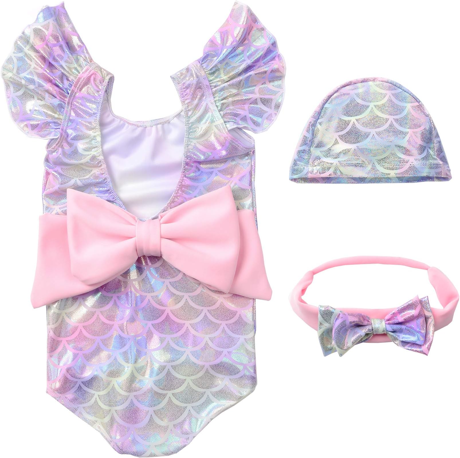 JerrisApparel Girl Mermaid Swimwear Fish Scale Swimsuit Hat Headband 3PCS Set