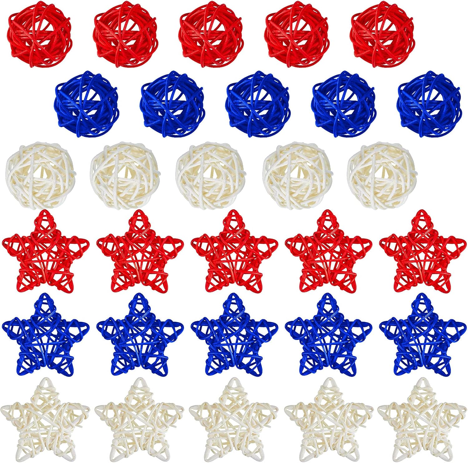 30 Pieces 4th of July Star Shaped Rattan Wicker Ball Decoration, Red Blue White Rattan Balls Star for Patriotic Home Decor DIY Vase Filler Ornament Wedding Table Decor, 2.36 Inch,1.6 Inch