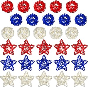 30 Pieces 4th of July Star Shaped Rattan Wicker Ball Decoration, Red Blue White Rattan Balls Star for Patriotic Home Decor DIY Vase Filler Ornament Wedding Table Decor, 2.36 Inch,1.6 Inch