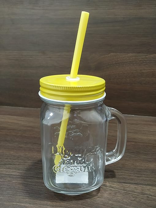 SHOPVILLA 450ML Mason Jar with Lid and StrawGlass Juice Jar with