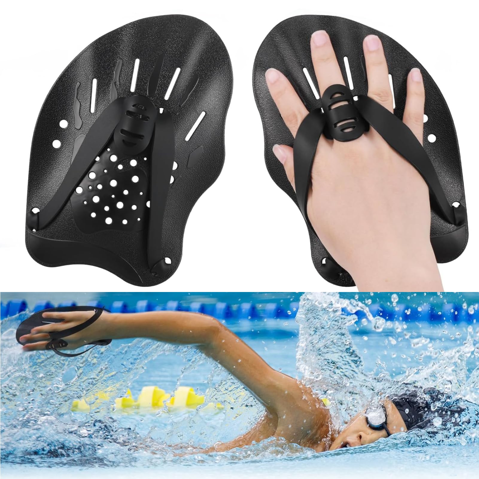 Zocipro 1 Pair Swimming Hand Paddles, Swim Paddles with Adjustable Straps, Hand Paddles for Swimming Training, Pool Exercise Equipment Accessories for Adults Kids Unisex