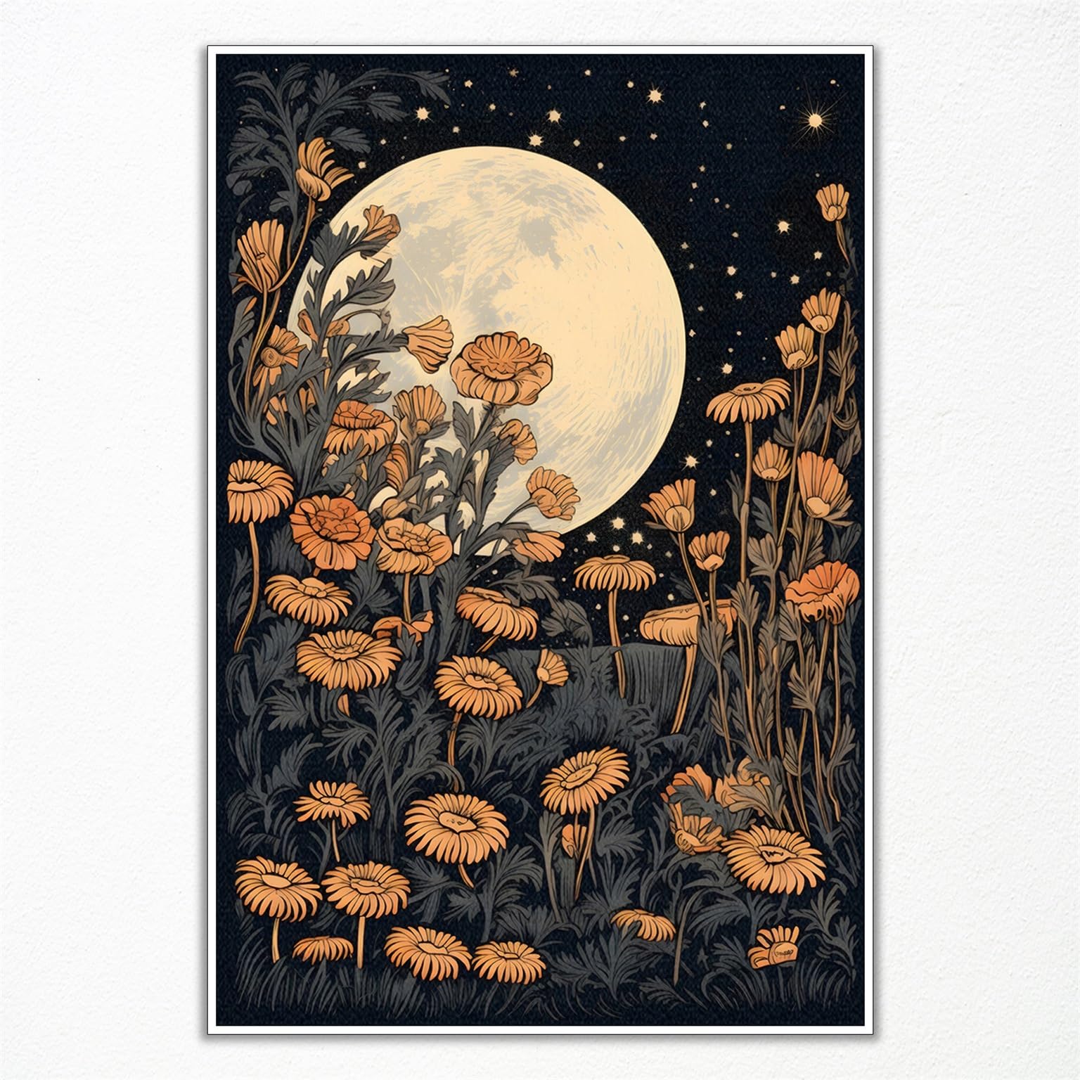 Vintage Moon Flowers Canvas Wall Art, Retro Mystical Celestial Moon Poster, Rustic Yellow Wildflower Field Print, Cottagecore Ethereal Moonlight with Botanical Floral Wall Decor 12x16in Unframed