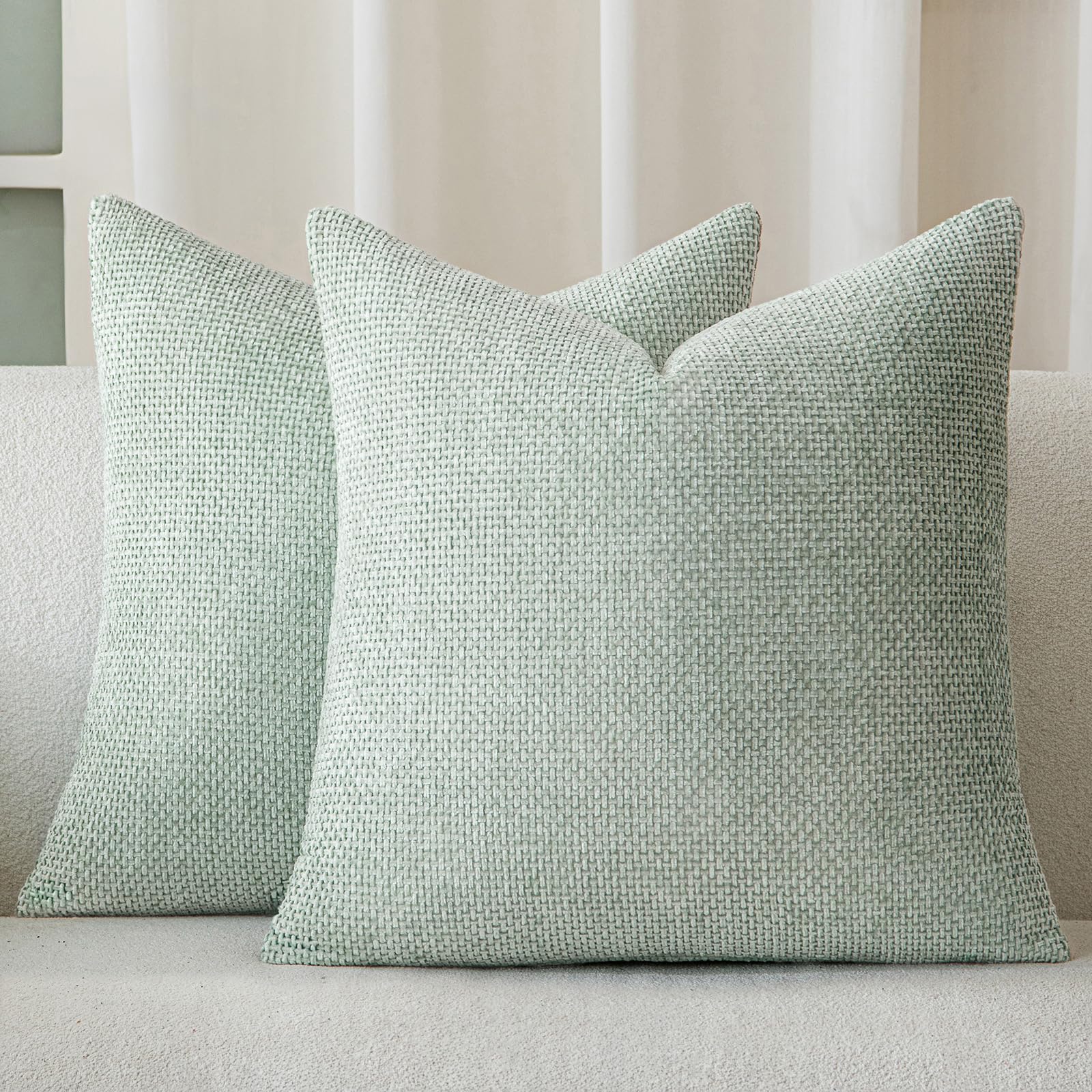 Photo 1 of a moment Light Green Chenille Throw Pillow Covers 18x18 Inch Pack of 2 Modern Decorative Throw Pillow Covers Farmhouse Cross Covers Home Decor for Sofa Bedroom Living Room