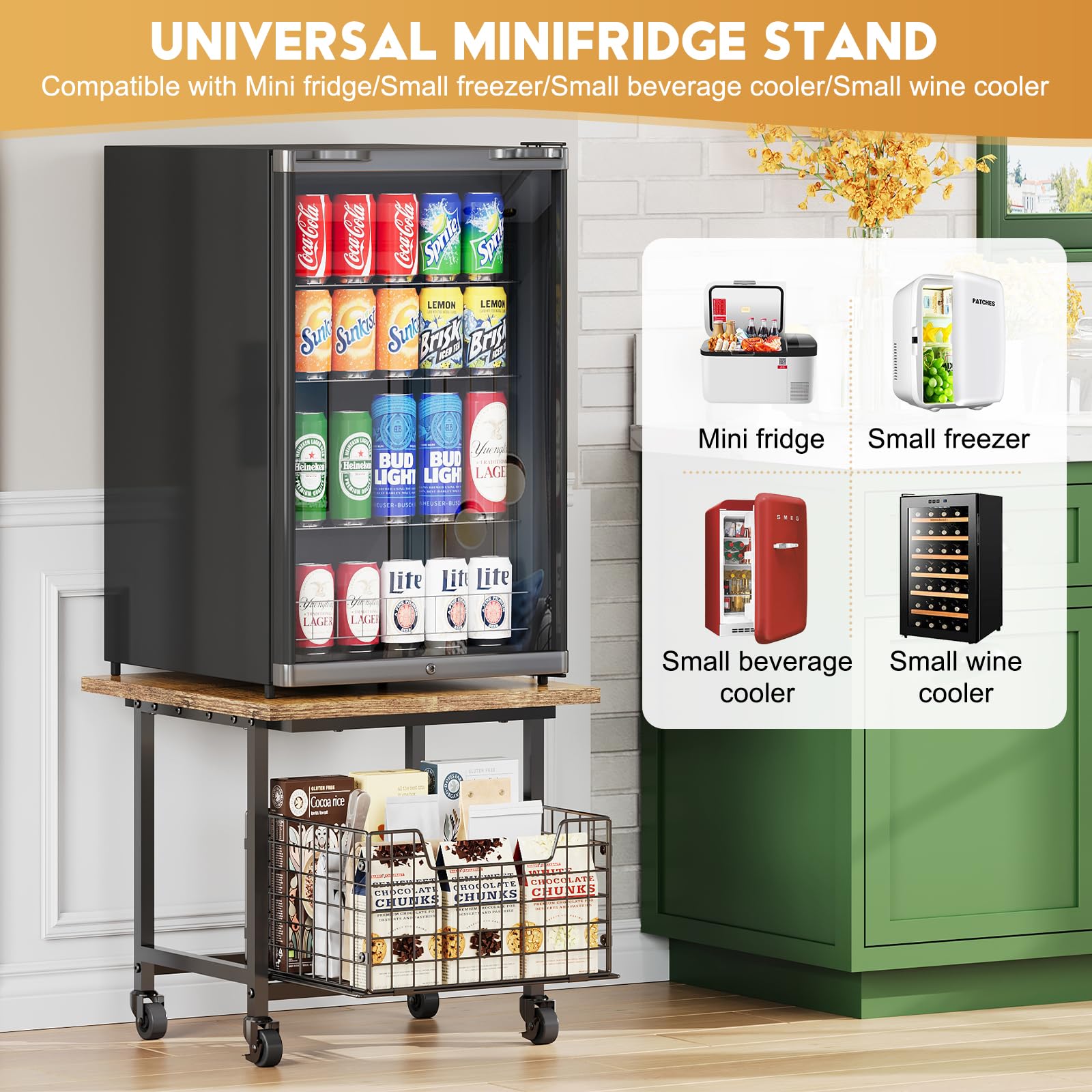 Mini Fridge Stand with Storage, Small Refrigerator Stand with Wheels, Mini Fridge Cabinet-Max Load 300 LBS Heavy Microwave Printer Stand Mini Fridge Cart for Dorm, Apartment, Kitchen, Office (Brown)