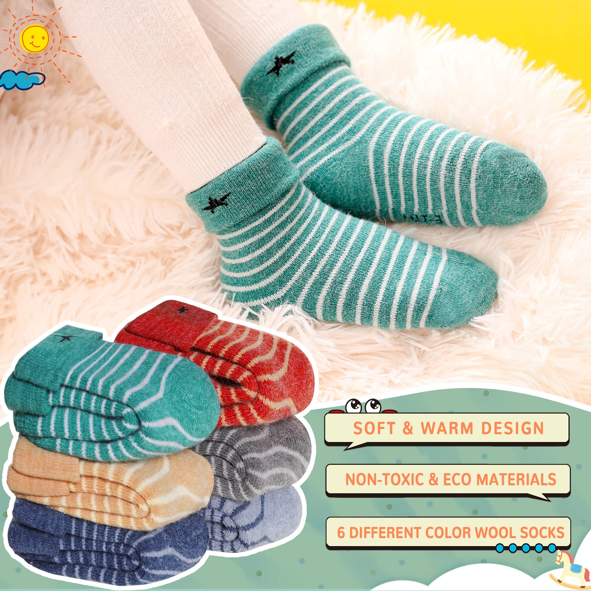 Eocom 6 Pairs Baby Boys Girls Wool Socks Infant Toddlers Kids Unisex Winter Thick Soft Warm Thermal Crew Socks