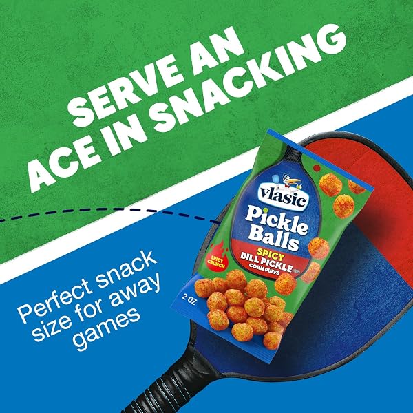VLASIC PICKLE BALLS, SPICY DILL PICKLE FLAVORED CORN PUFFS, PICKLEBALL GIFTS, FATHER’S DAY GIFT BASKET STUFFER, 2 OZ.