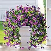 Artificial Hanging Flowers Plants for Outdoor Spring Decoration, 2 PCS Fake Silk Daisy Flower Planter UV Resistant Look Real for Outside Patio Porch Home Summer Decor (Double Purple)