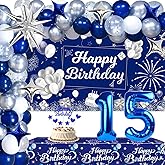 Blue 15th Birthday Decorations for Boys Girls, 15th Silver and Navy Blue Birthday Decorations for Him Her with Happy Birthday Backdrop Banner Tablecloth Balloons Arch Foil Balloons Party Supplies