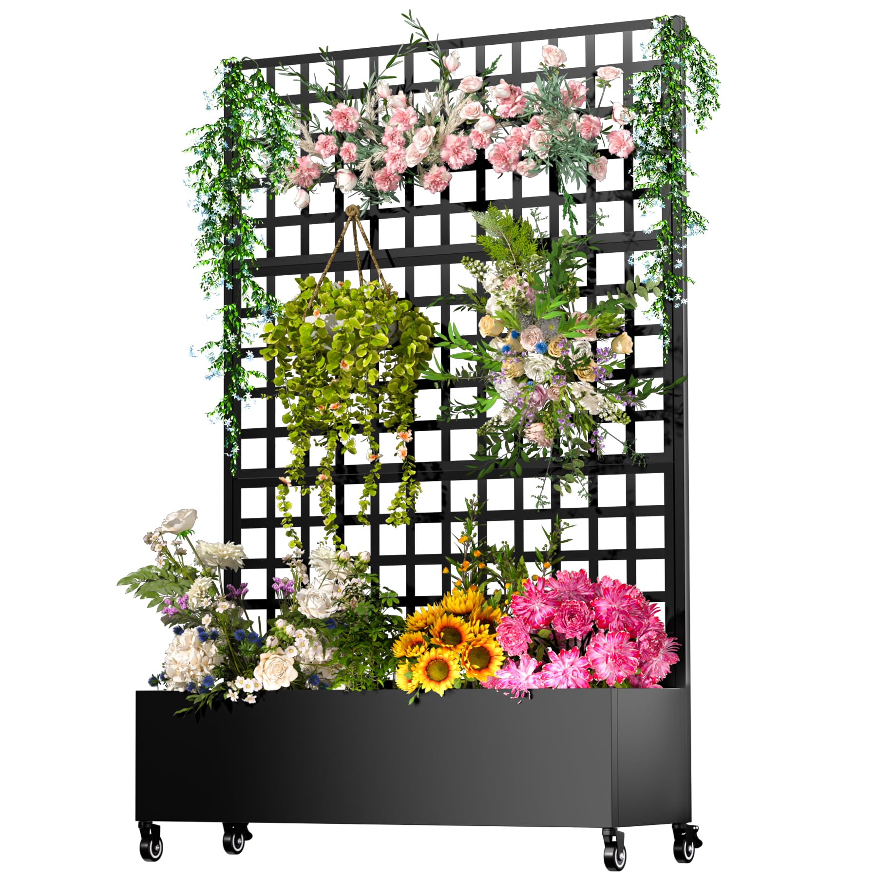 Photo 1 of **The description and photo are for reference only.
**Metal Planter Box with Trellis,72"x47"x16"Galvanized Steel Outdoor Raised Garden Bed with Privacy Screen,with Drainage Holes & Lockable Casters for Climbing Plants,Vines,and Vegetables(Grid-Black)