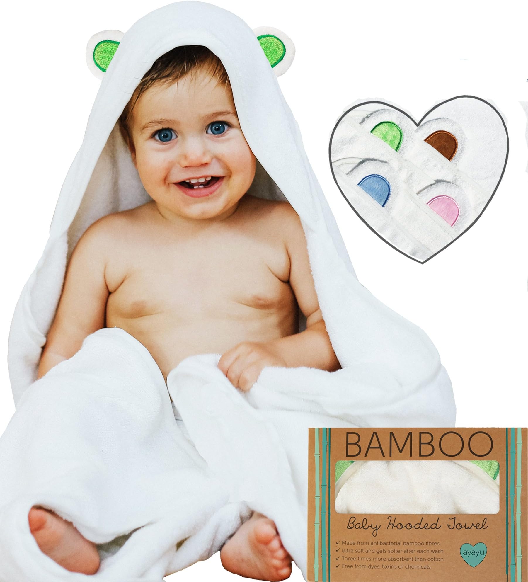 Ayayu Luxury Bamboo Baby Hooded Towel & Washcloth | Organic & Extra Soft | Antibacterial & Hypoallergenic | Sized for Infant & Toddler, White, 30" x 30", Lime Green Ears