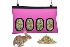 SKYJORMY Rabbit Hay Feeder, Bunny Hay Bag for Rabbits,Rabbit Feeder Fabric Bag Feeder Storage Bag,4 Holes Large Capacity 600D Oxford Cloth Fabric Hanging Hay Feeder Bag for Small Animal,Hay Guinea Pig(Pink)