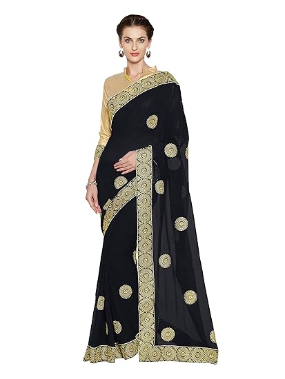 Womens Faux Georgette Zari EmbroiderySaree With Un-Stitched Blouse Fabric with Border (9688 - Black - Free Size)