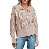 Doshoop Women's Half Zip Pullover Sweaters Crochet Lapel Collar Long Sleeve Knit Solid Color Jumper Tops