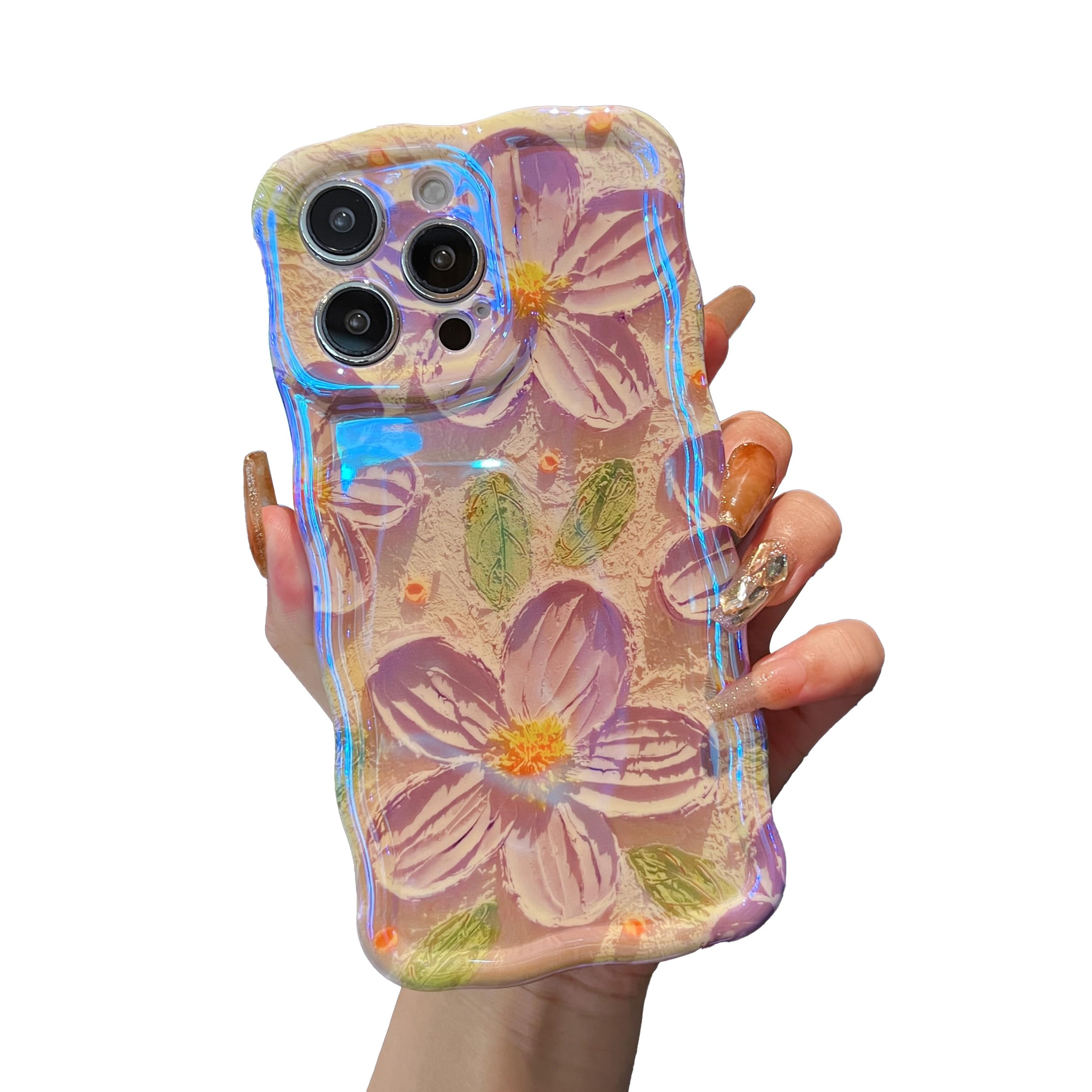 XIZYO Colorful Retro Oil Painting Flower Case for iPhone 13 Pro Max, Curly Wave Frame Laser Glossy Cute Floral Aesthetic Phone Case, Girls Women Slim Soft TPU Shockproof Cover, Purple Flower/Yellow