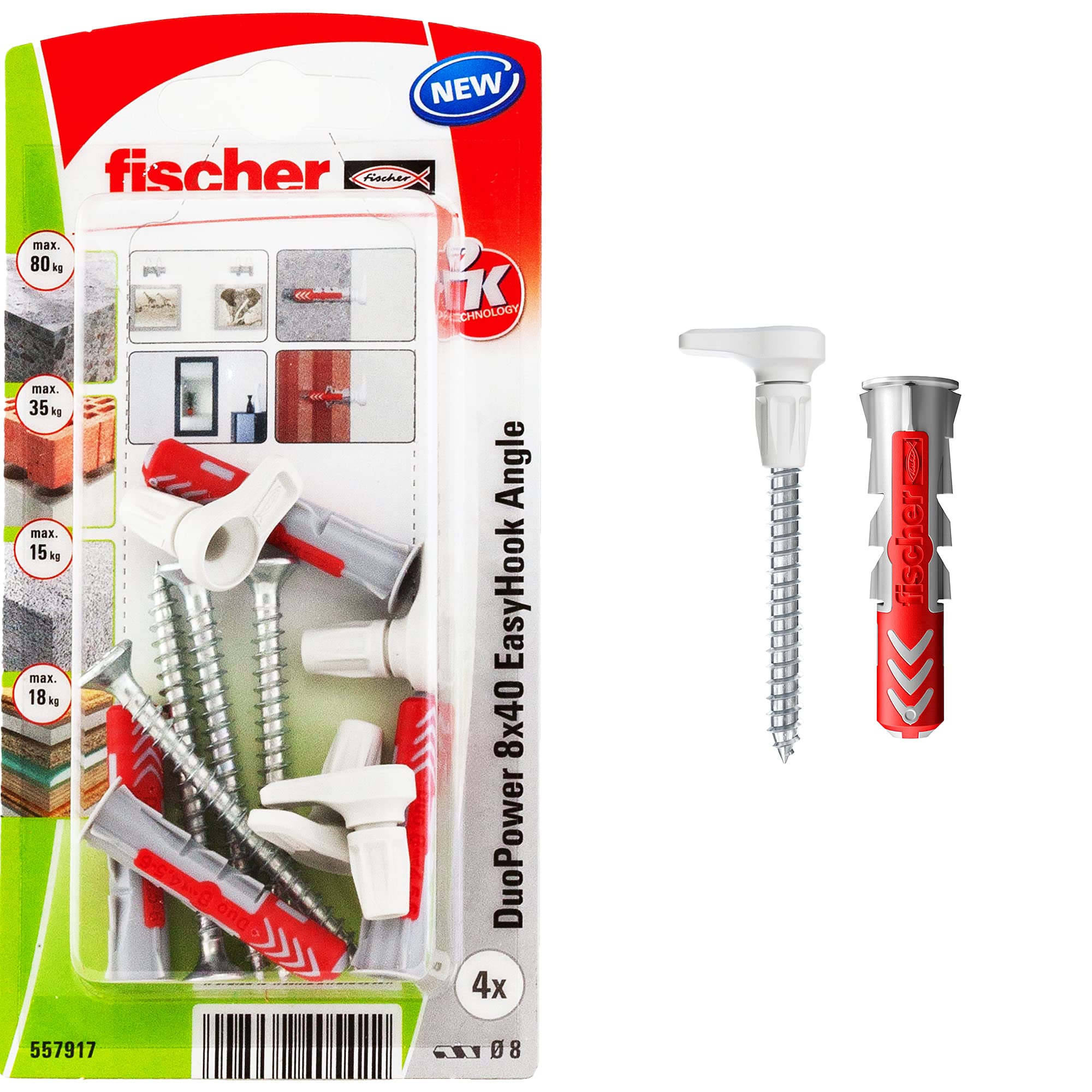fischer EasyHook Angle K (4), set of 4 angled hook screws & DuoPower 8 x 40 plugs, chipboard screws with hooks, flexible screw hooks for mounting in numerous building materials