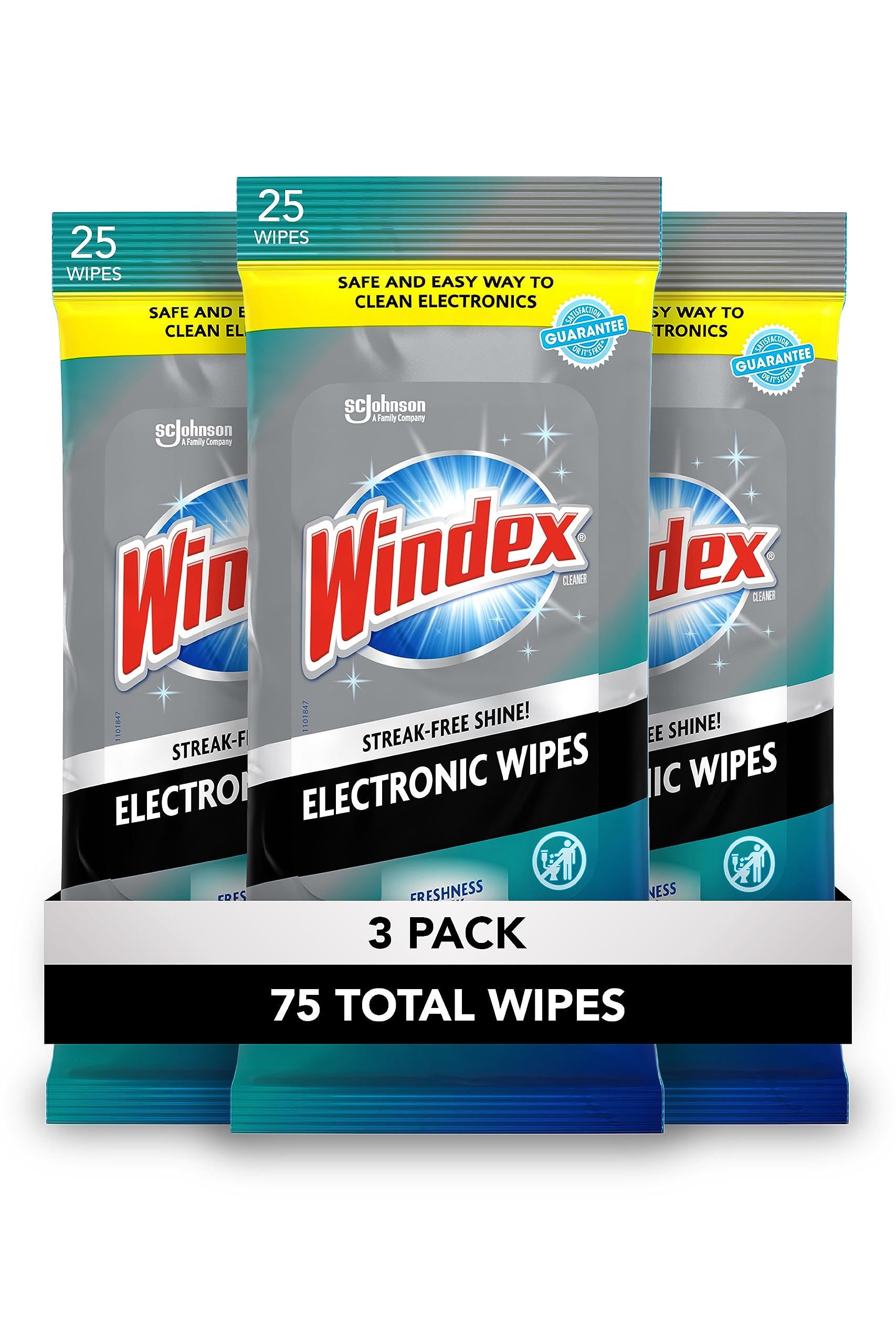 Photo 1 of Windex Electronic Cleaning Wipes, Pre-Moistened Screen Wipes for TVs, Phones, and Other Electronics, Resealable for a Freshness Lock, 25 Count (Pack of 3)
