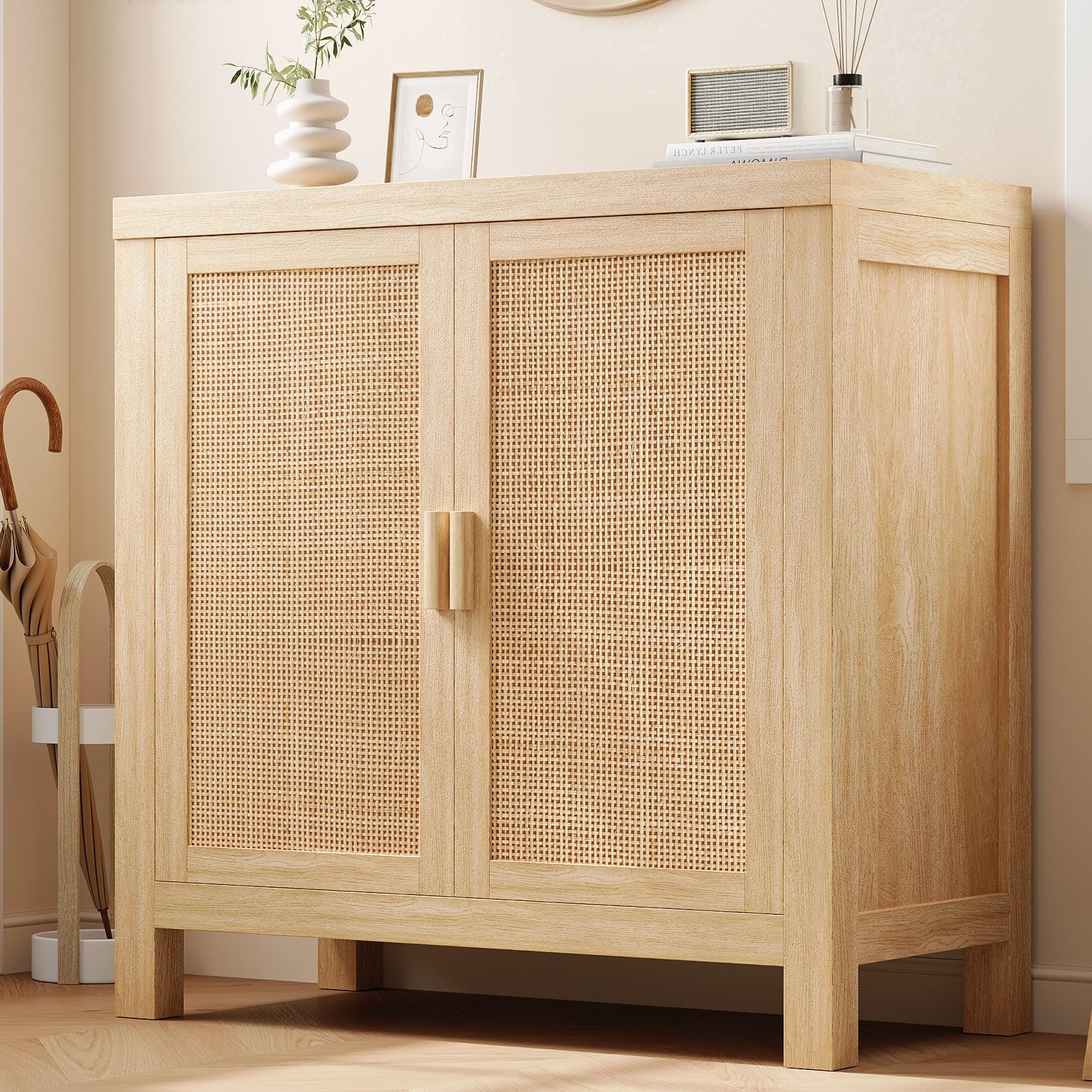 Photo 1 of ***MISSING HARDWARE***Jocoevol 2 Doors Rattan Storage Cabinet, Buffet Cabinet with Shelves, Multifunctional Cupboard for Entryway Living Room, Kitchen, Buffet Table, Sideboard (Set of 1)