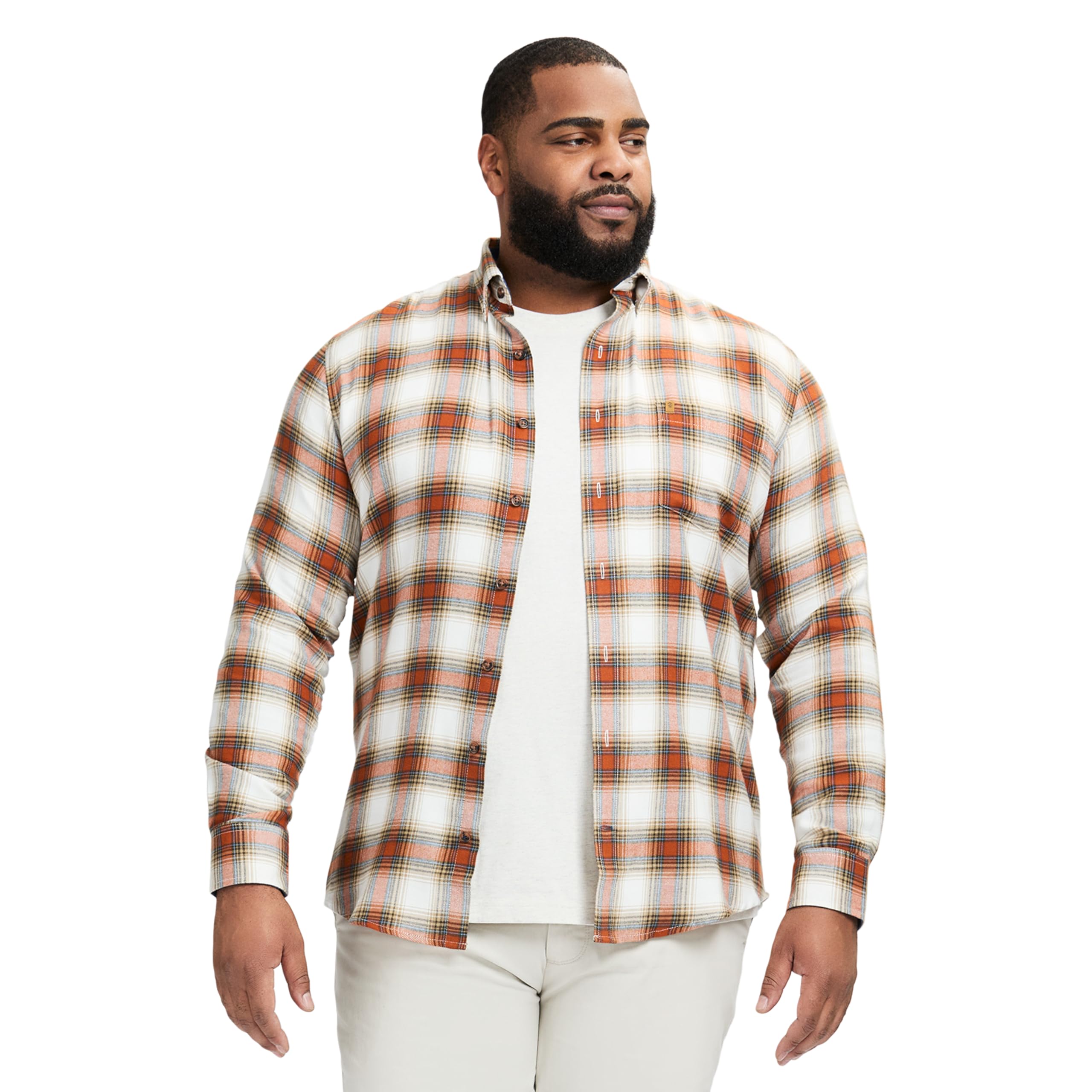 IZOD Men’s Big and Tall Stratton Flannel Long Sleeve Stetch Button Down Shirt, Ginger Bread Plaid