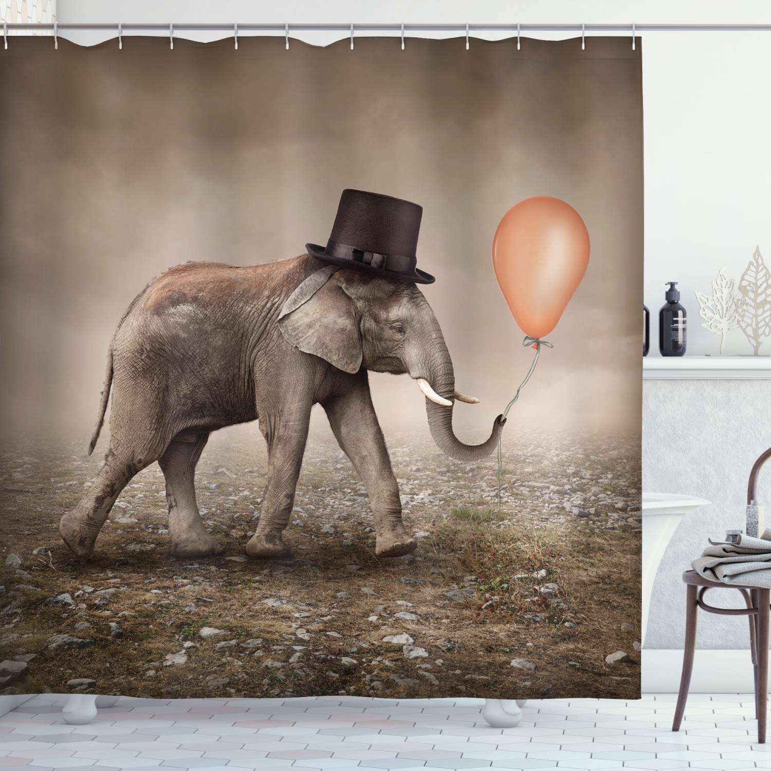 ABAKUHAUS Elephant Shower Curtain, Illusionist Animal Black Hat Magic Balloon Dreamy Surreal Art, Cloth Fabric Bathroom Decor Set with Hooks, 94 Inches, Orange Black Taupe
