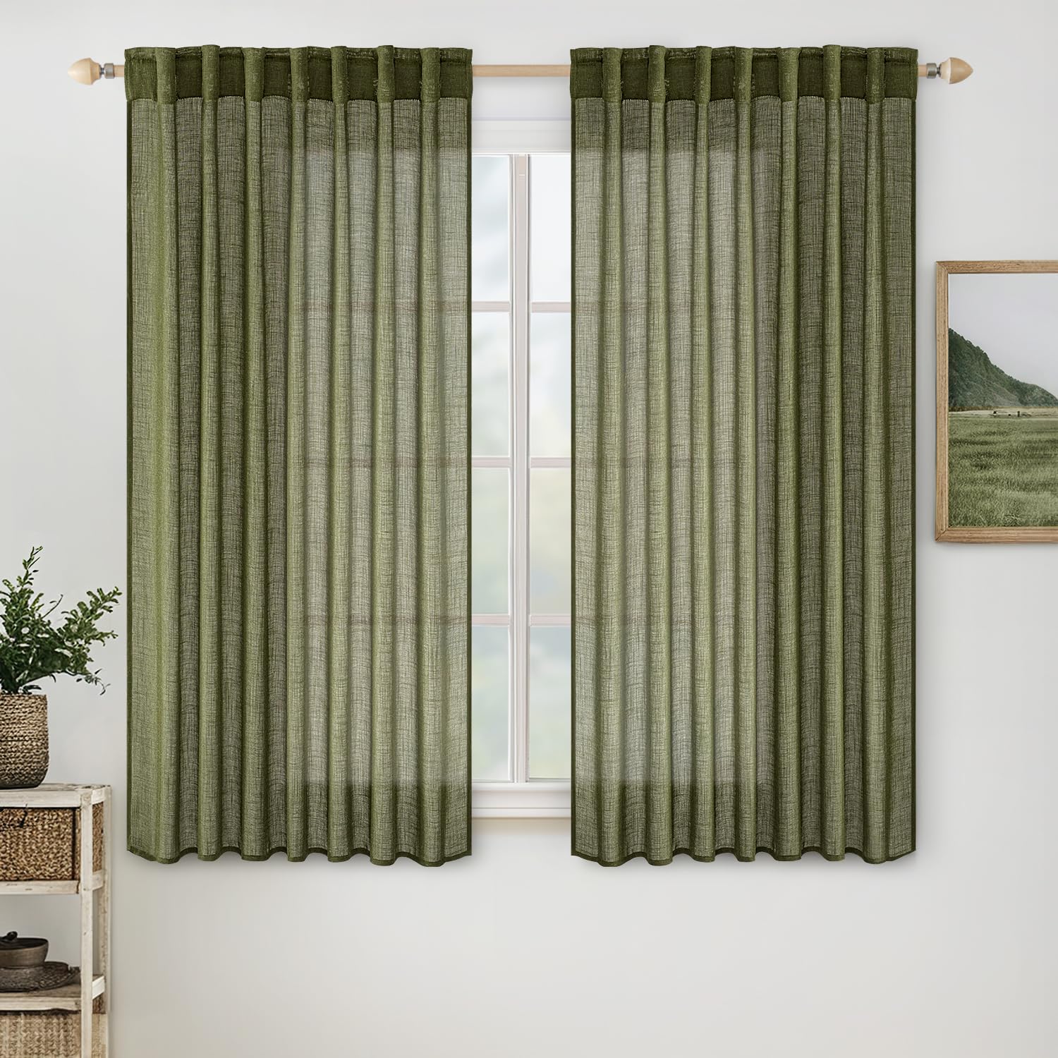 Photo 1 of MIULEE Light Olive Green Short Linen Curtains 45 Inch Length 2 Panels for Kitchen Bedroom Bathroom, Soft Linen Textured Natural Window Drapes Semi Sheer Light Filtering Back Tab Burlap Look Decor