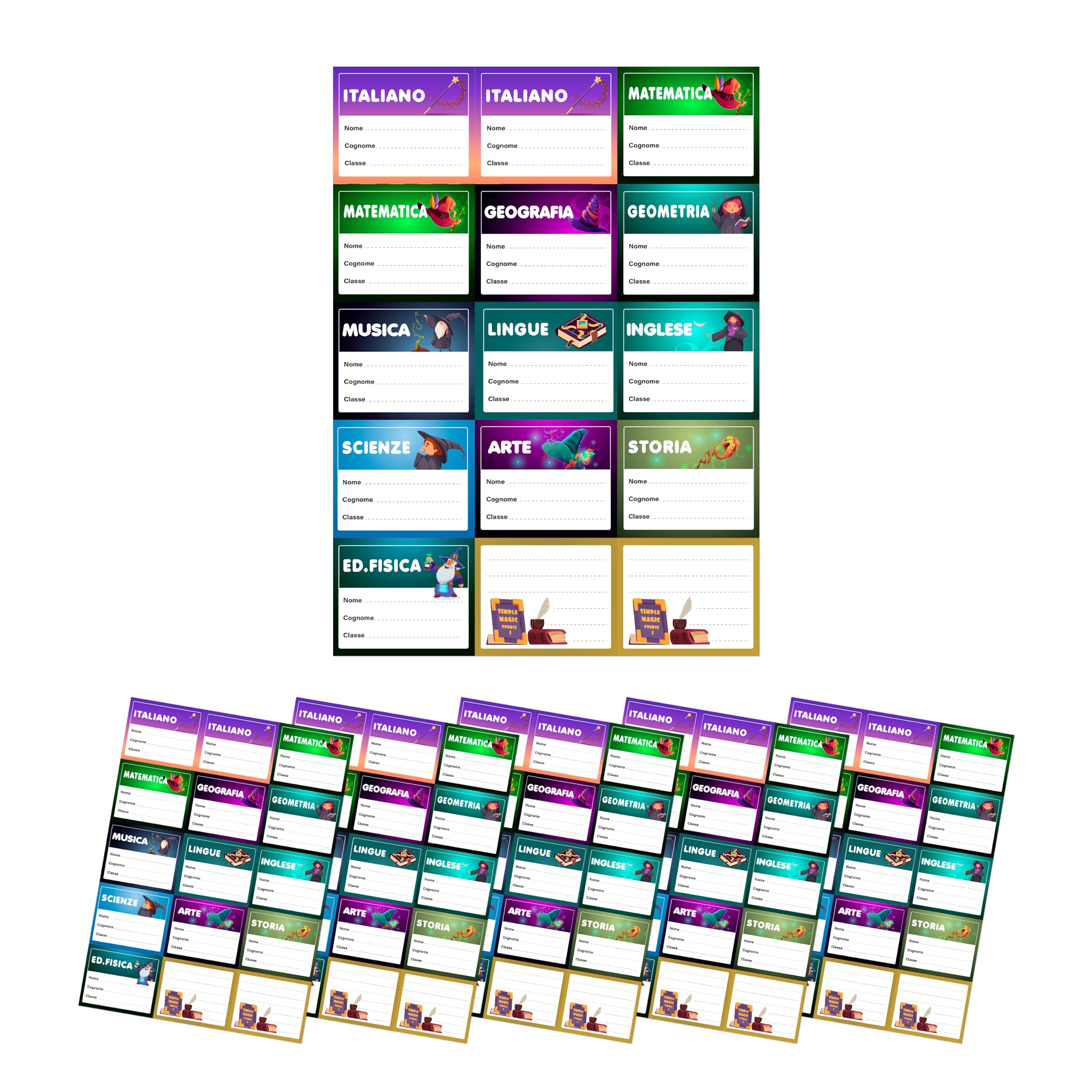 75 Assorted Magic Labels 70 x 58 mm Personalised – Customisable Laminated Label with Name Materia Class – Waterproof Stickers for Books