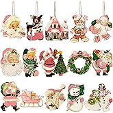 VARACL 30PCS Pink Wooden Vintage Christmas Ornaments, Santa Snowman Gingerbread Man Christmas Tree Hanging Ornaments Wood Cutouts Tags for Xmas Tree Home Decoration Winter Décor