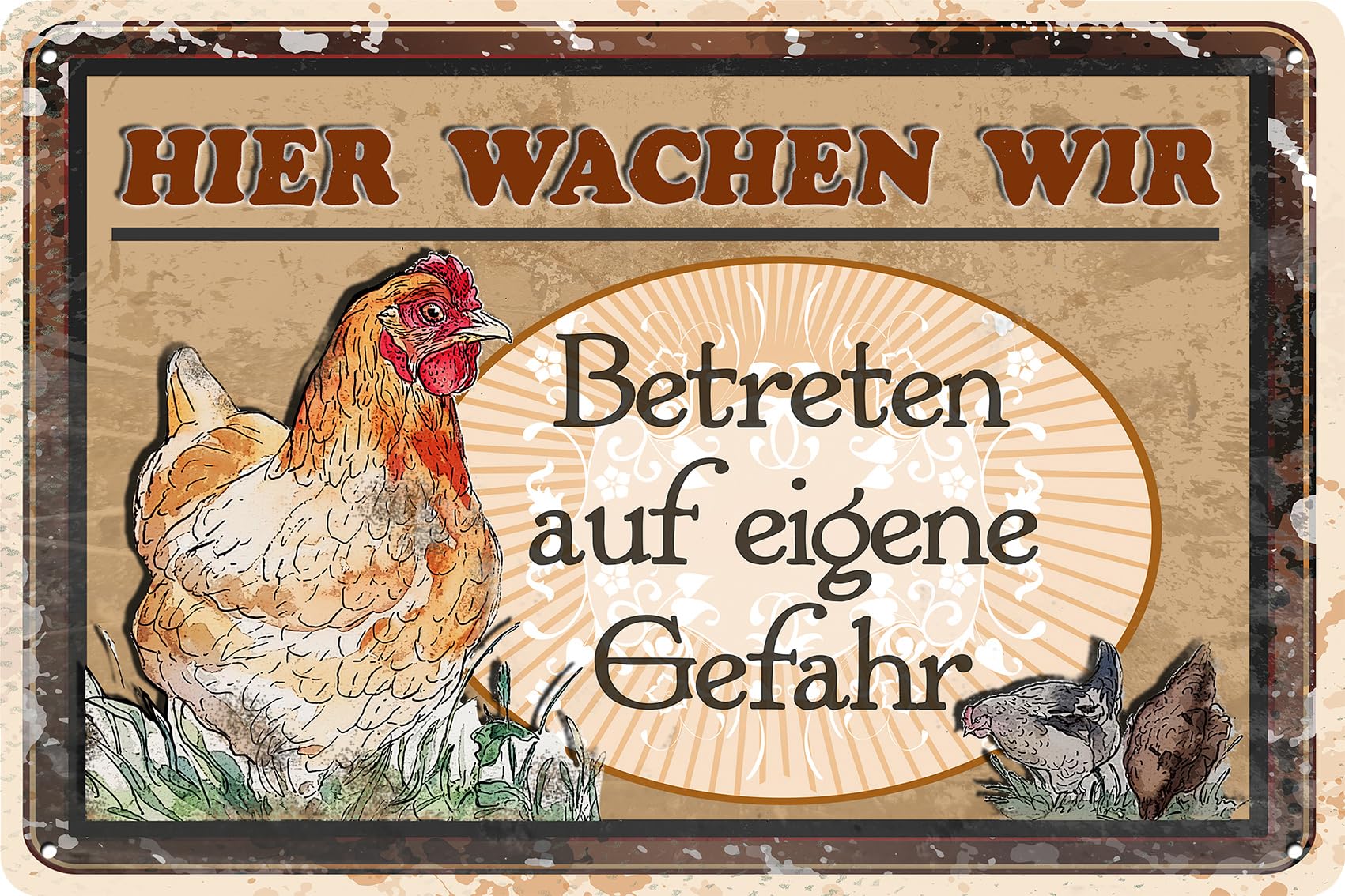 Weatherproof 30 x 20 cm Aluminium Dibond Chicken Coop Sign, Chicken Yard, Farm Decorative Metal Sign "Hier wachen wir "