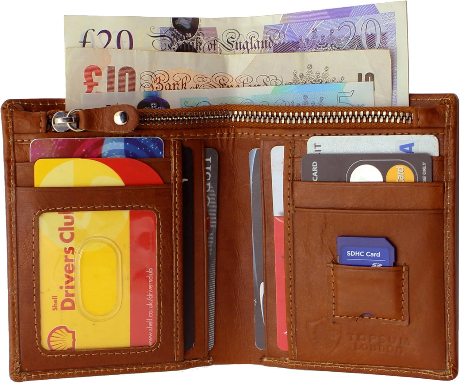 TOPSUM LONDON Men’s RFID Blocking Real Leather Wallet with Zipper, Slim Tan Bifold Wallet with 8 Card Slots, ID Window - Image 5