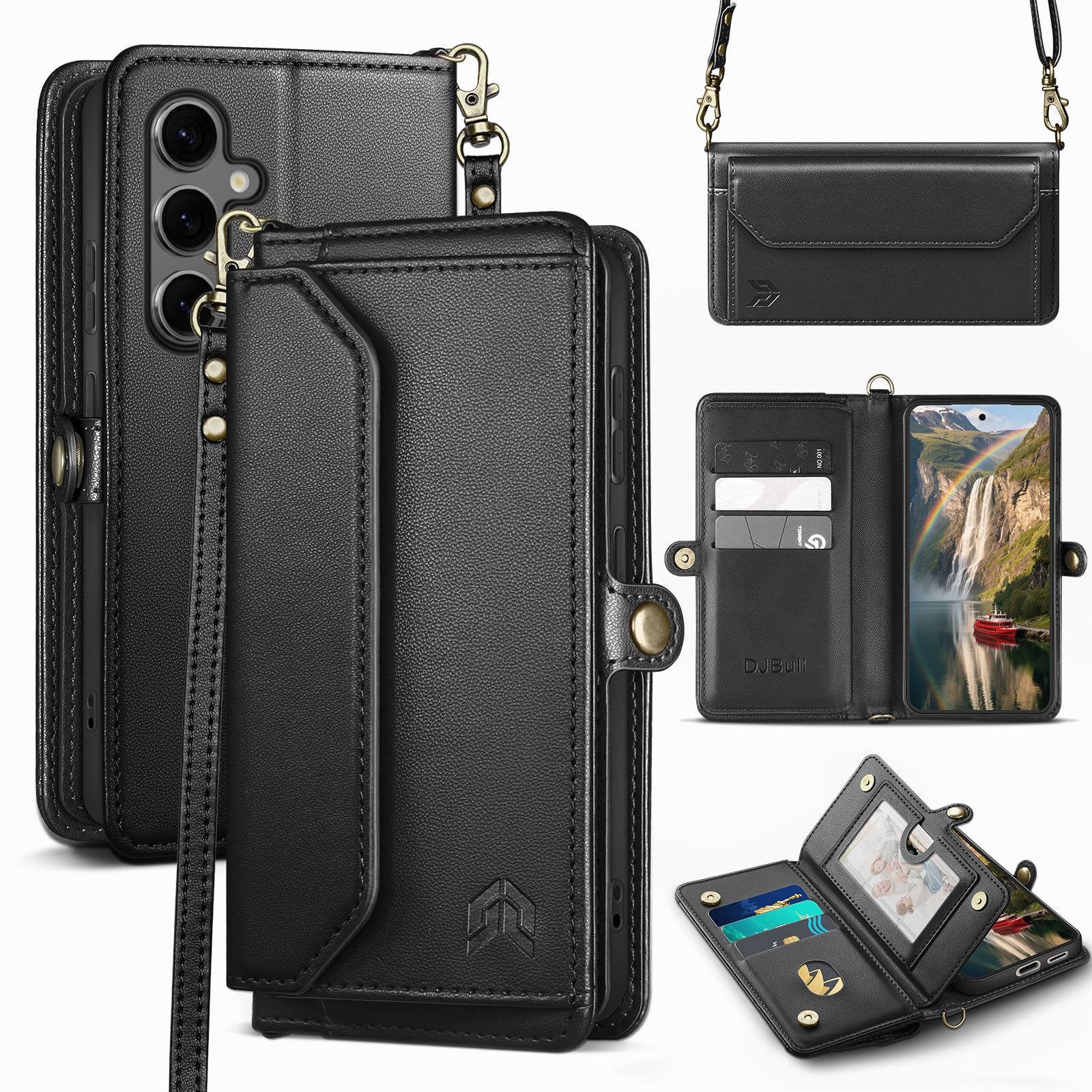 Photo 1 of DJBull for Samsung Galaxy S25 Wallet Case with Card Holder, Shoulder and Wristlet Straps, Soft PU Leather, Magnetic Snap, Flip Phone Case for Women Men for Samsung S25 Black