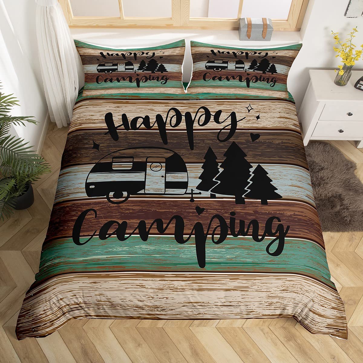 richhome Camping Rustic Duvet Cover Double Size 3 Pcs Wild Trees Cartoon RV Decor Bedding Set for Kids Teens Adults Retro Green Brown Stripes Western Style Comforter Cover with 2 Pillowcases — image 1