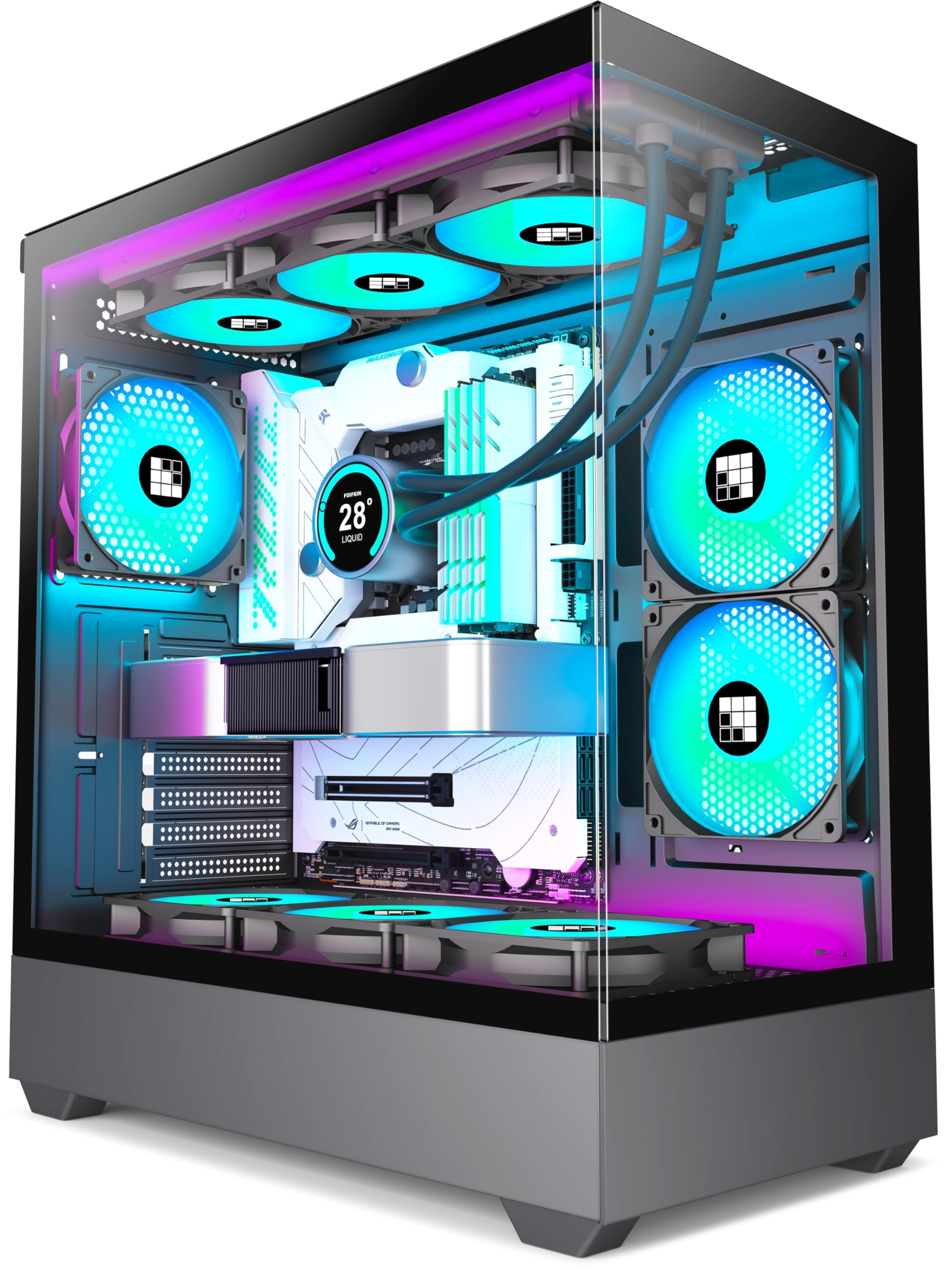 FOIFKIN F1 PC Gehäuse ATX- Pre-Install 6 PWM ARGB Lüfter, Mid-Tower Computer Gehäuse, Gaming PC- Gehäuse,270° Panorama Tempered Glass,mit Type-C, ATX Gehäuse (Schwarz, F1)