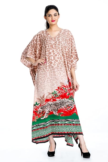 Kaftan Dress 3/4 Sleeve kimono green red leopard animal