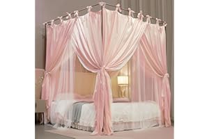 AIOOO 4 Corners Post Princess Curtain Bed Canopy Double Layer Cozy Mosquito Net Mesh and Cloth for Girls Adults Bedroom Decoration (Double-Beigepink/White, 59" W*82" L*82"*H/(Queen))