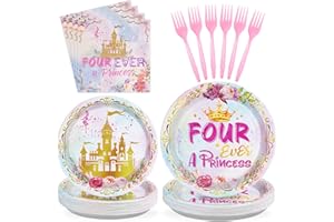 GRENCIAN 96 Pcs Princess Birthday Party Supplies 350 GSM Four Ever a Princess Plates and Napkins Tableware Set Watercolor Pastel Rainbow Castle Party Decorations for Girl 4th Birthday Fairytale Party Serves 24