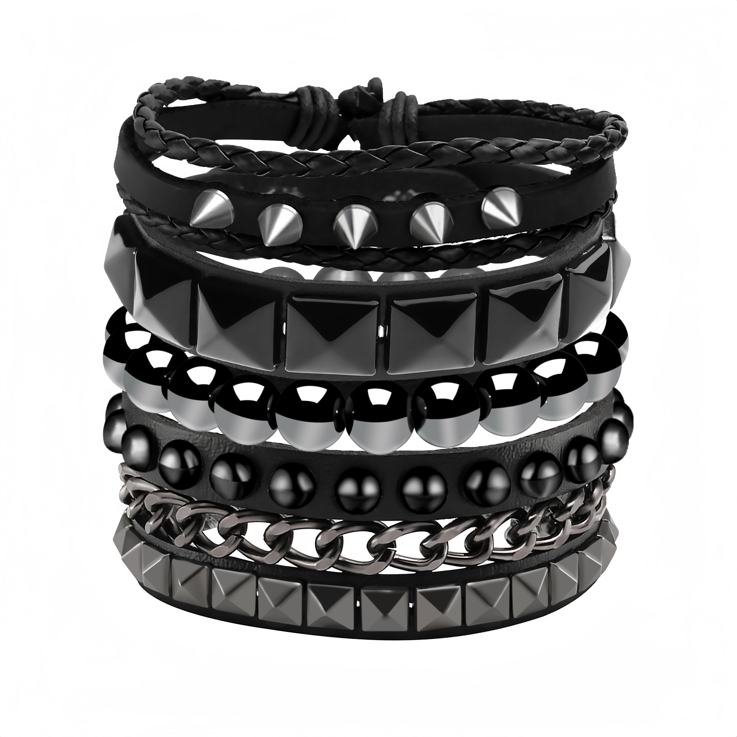Eigso - Juego de 4 pulseras de cuero negro punk rock para hombres y mujeres, estilo vintage clásico de los años 80 con tachuelas y púas para hombre y mujer