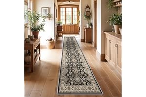 TOPRUUG Washable Hallway Runner Rug 3x12: Non Slip Runner Rugs with Rubber Backing Soft Kitchen Rug Farmhouse Distressed Carpet Runner for Living Room Bedroom Bathroom (Black, 3X12)