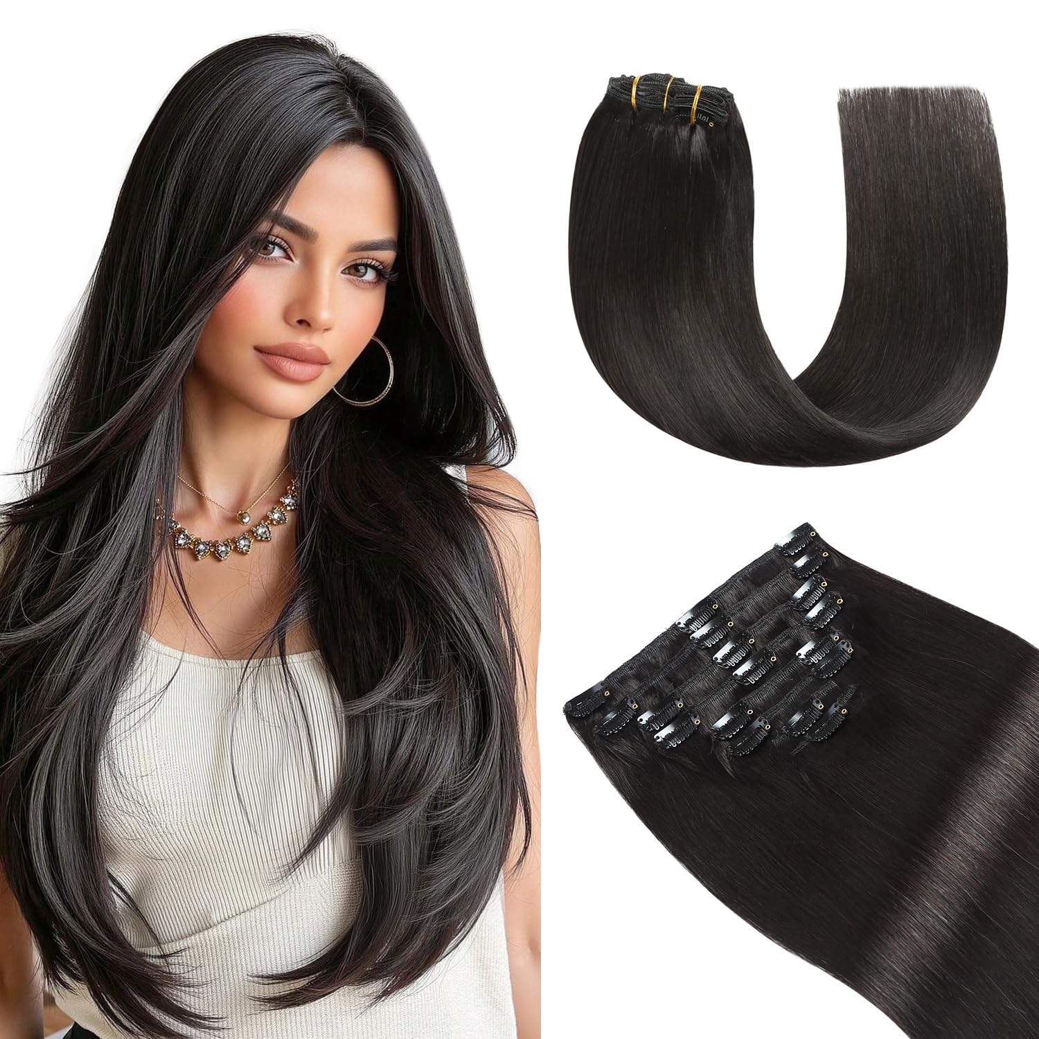 YILITE Hair Extensions Clip in 16 Inch Clip in Human Hair Extensions Real Human Hair Natural Remy Silky Straight Double Weft for Full Head Invisible #1B Off Black 8pcs 120g