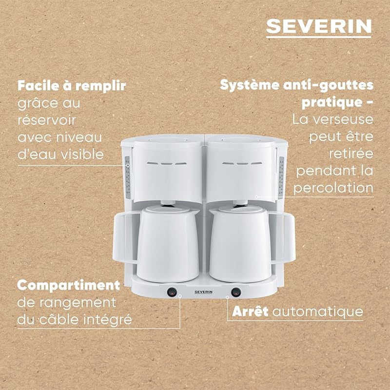 Cafetière Filtre Isotherme Duo, 2 X 1000 W, Jusqu'à 2L soit 16 tasses, 2 verseuses isothermes, 2 filtres pivotants, Blanc, KA 9314