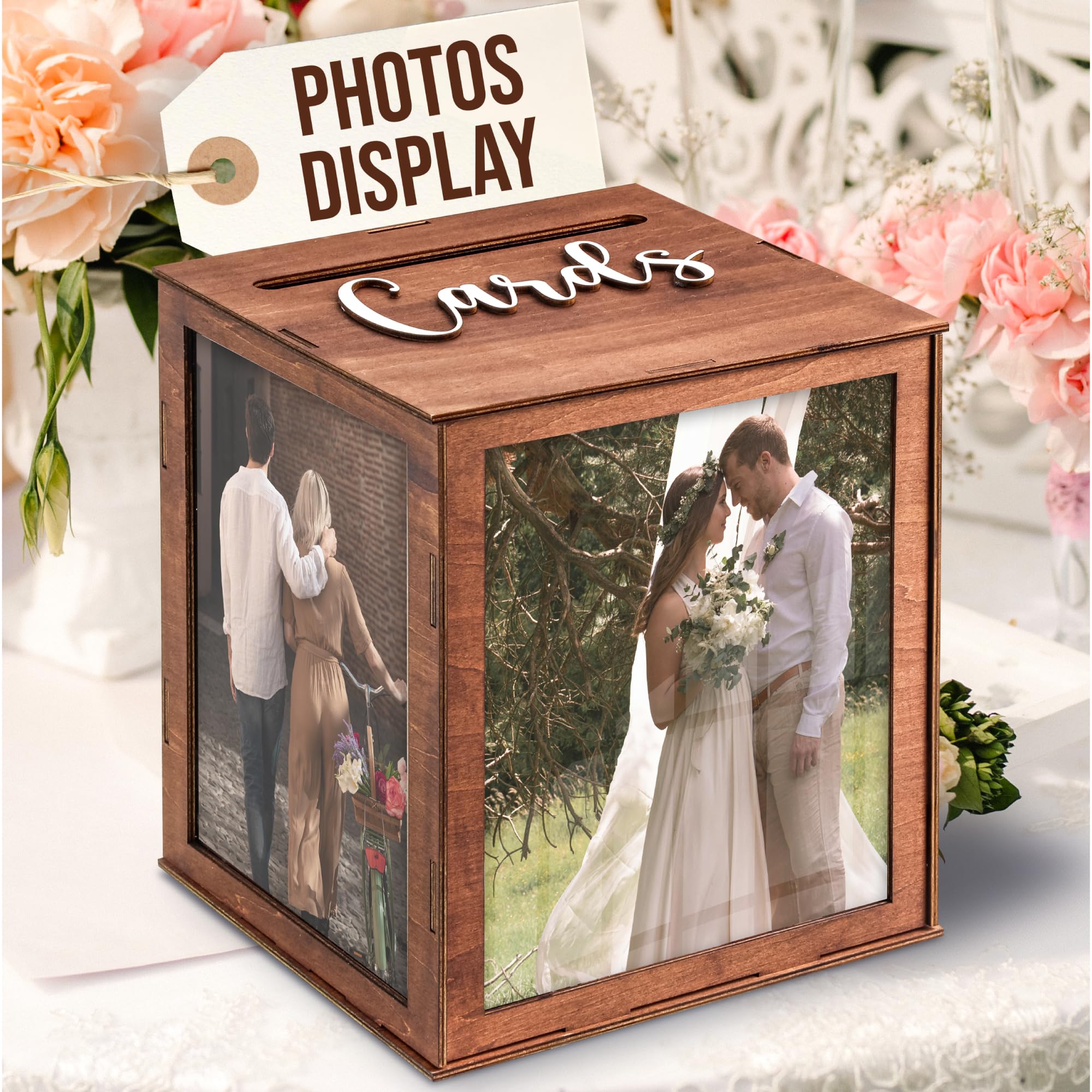 Photo 1 of WOODAMORE Wooden Wedding Card Box For Reception - Gift Card Box For Wedding Reception, Wedding Money Box With Photo Frame, Wedding Card Holder Envelope Box For Graduation, Baby Shower, Bridal Shower