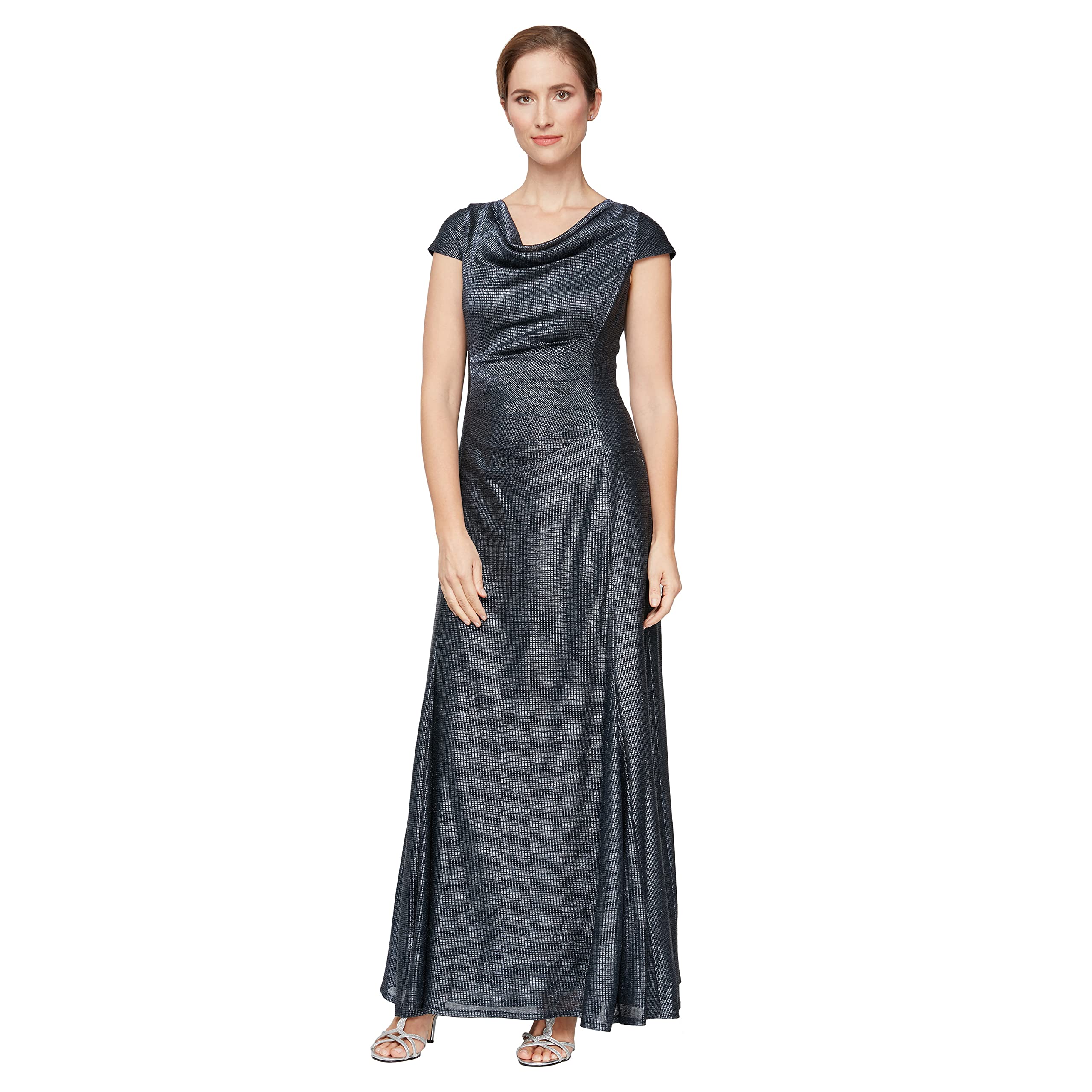Alex Evenings Women’s Long Cowl Neckline Mother of The Bride Dress, Formal Event Gown (Petite and Regular Sizes), Navy Metallic, 16