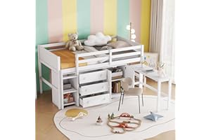 BIADNBZ Twin Size Low Loft Bed with Pull-Out Desk, Drawers, Cabinet, and Shelves, Wooden Space Saving Loftbed Frame w/Multi-Storage, for Kids Teens Boys Girls Bedroom, White