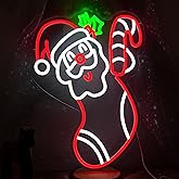 JLEWUINH Merry Christmas Neon Sign Dimmable Santa Claus In Stockings Neon Light USB Powered Holly Led Light up Sign for Christmas Eve Party New Year Home Bar(16.5 * 12.6 In)