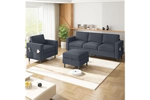 ADOWORE 2 Piece Living Room Sofa Sets-3 Seater Sofa with Storage Ottoman and Armchair, Modern Linen Fabric L Shaped Sectional Couch + Single Chair Set,Dark Grey
